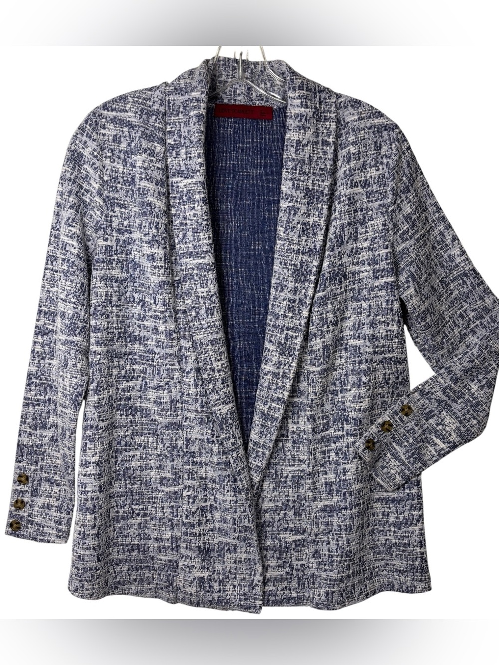 Love Scarlett Open Front Knit Tweed Blazer Jacket Navy White Med